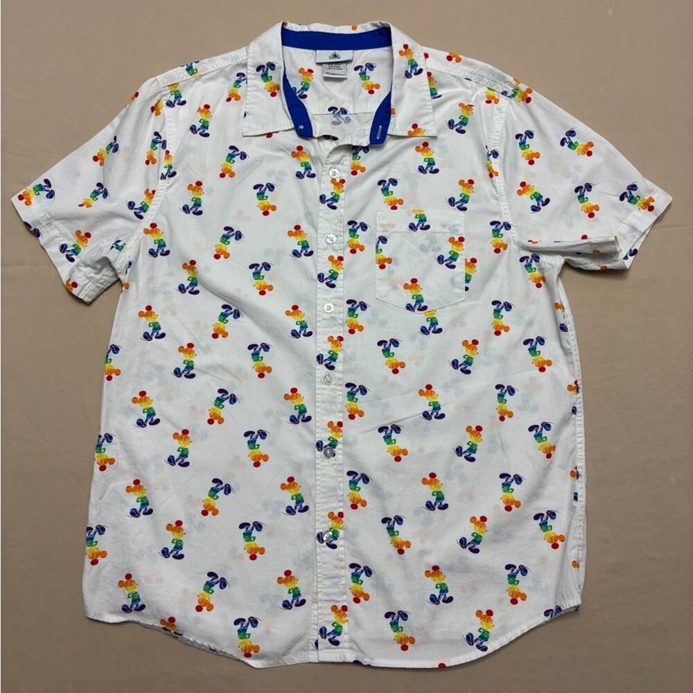Disney Parks Men's White Shirt with Colorful Rainbow Mickey Print Size Medium